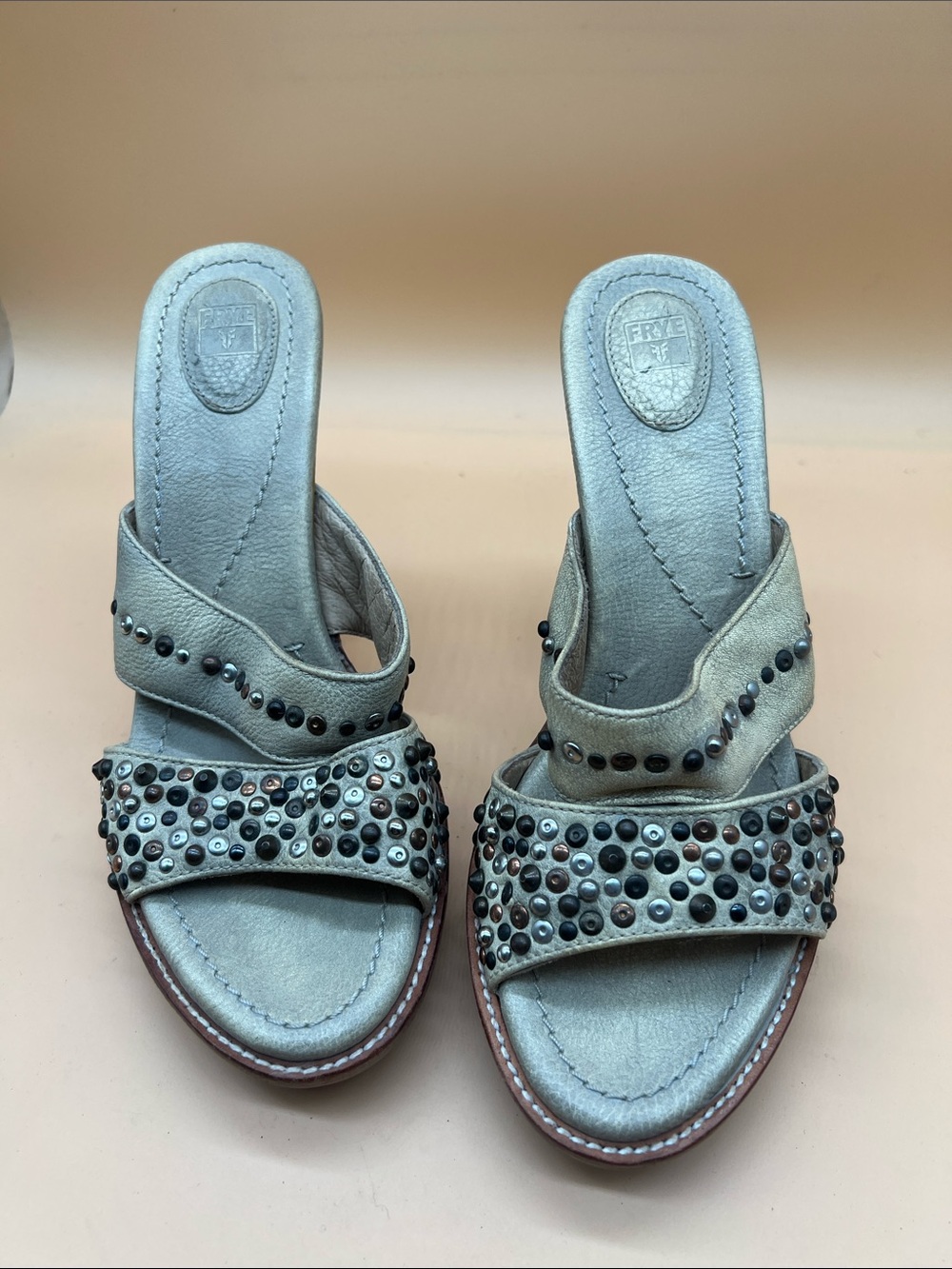 Frye Stone Beaded Joy Open Toe Wood Sole Platform Sandal Heel size 8.5 B